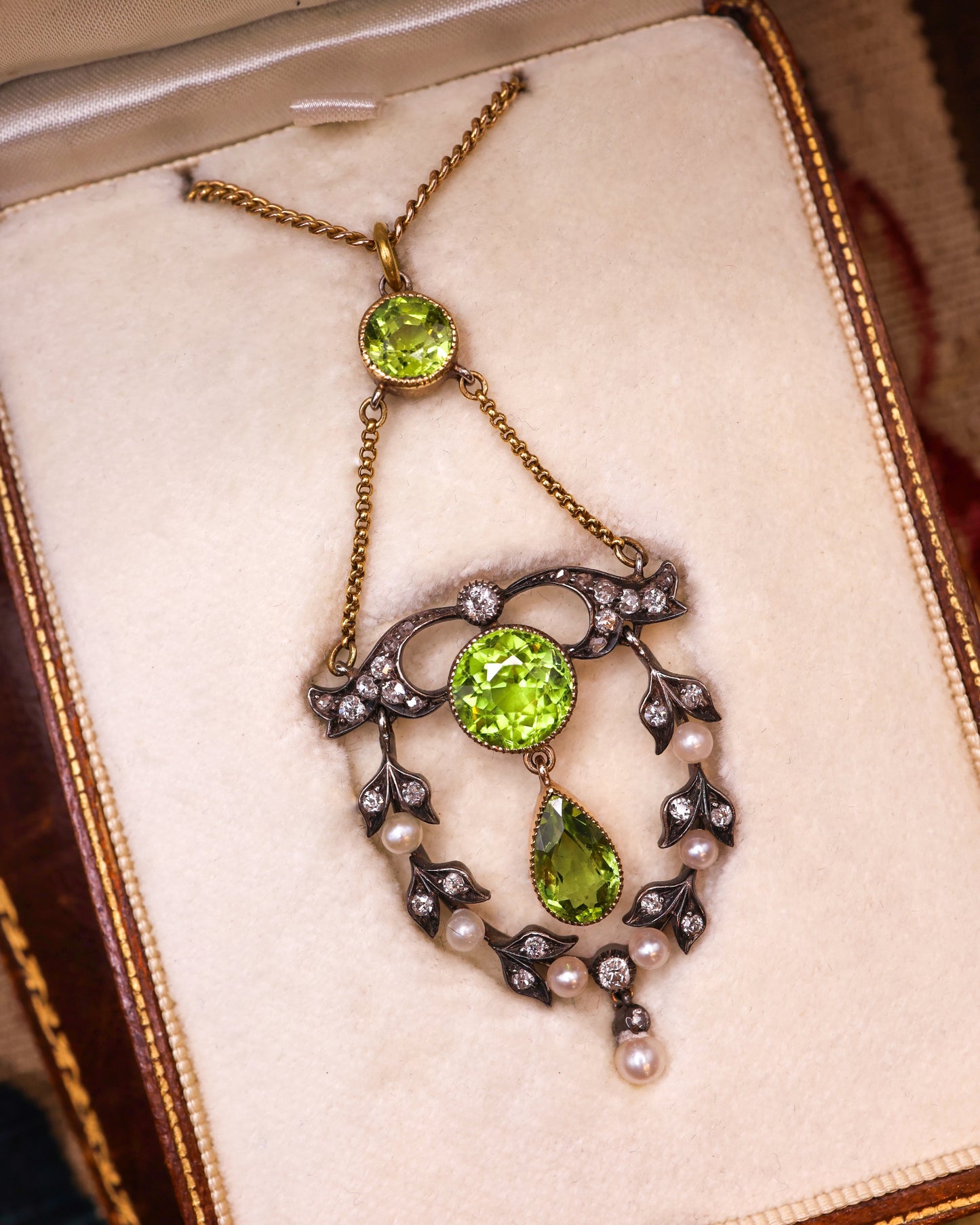 18ct Yellow Gold & Silver (tested), Peridot, Seed Pearl & Diamond Pendant, Circa  1890-1905 - Robin Haydock Antique Jewellery