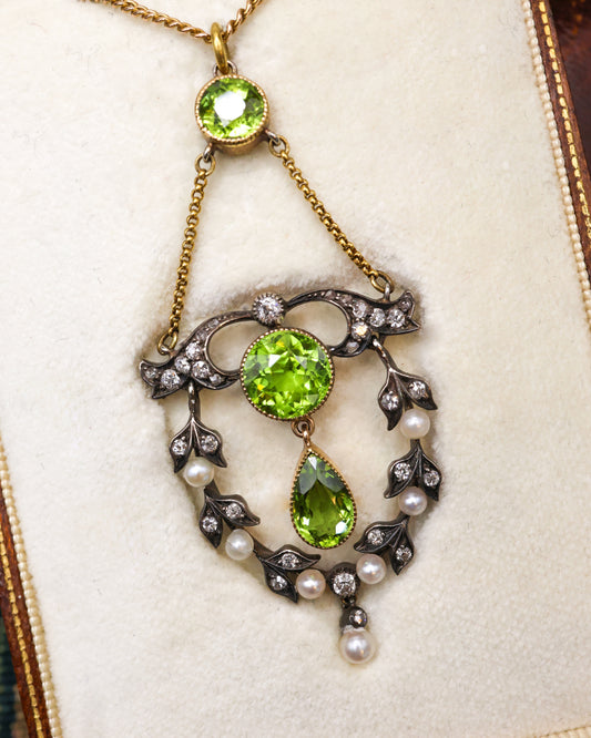 18ct Yellow Gold & Silver (tested), Peridot, Seed Pearl & Diamond Pendant, Circa  1890-1905 - Robin Haydock Antique Jewellery