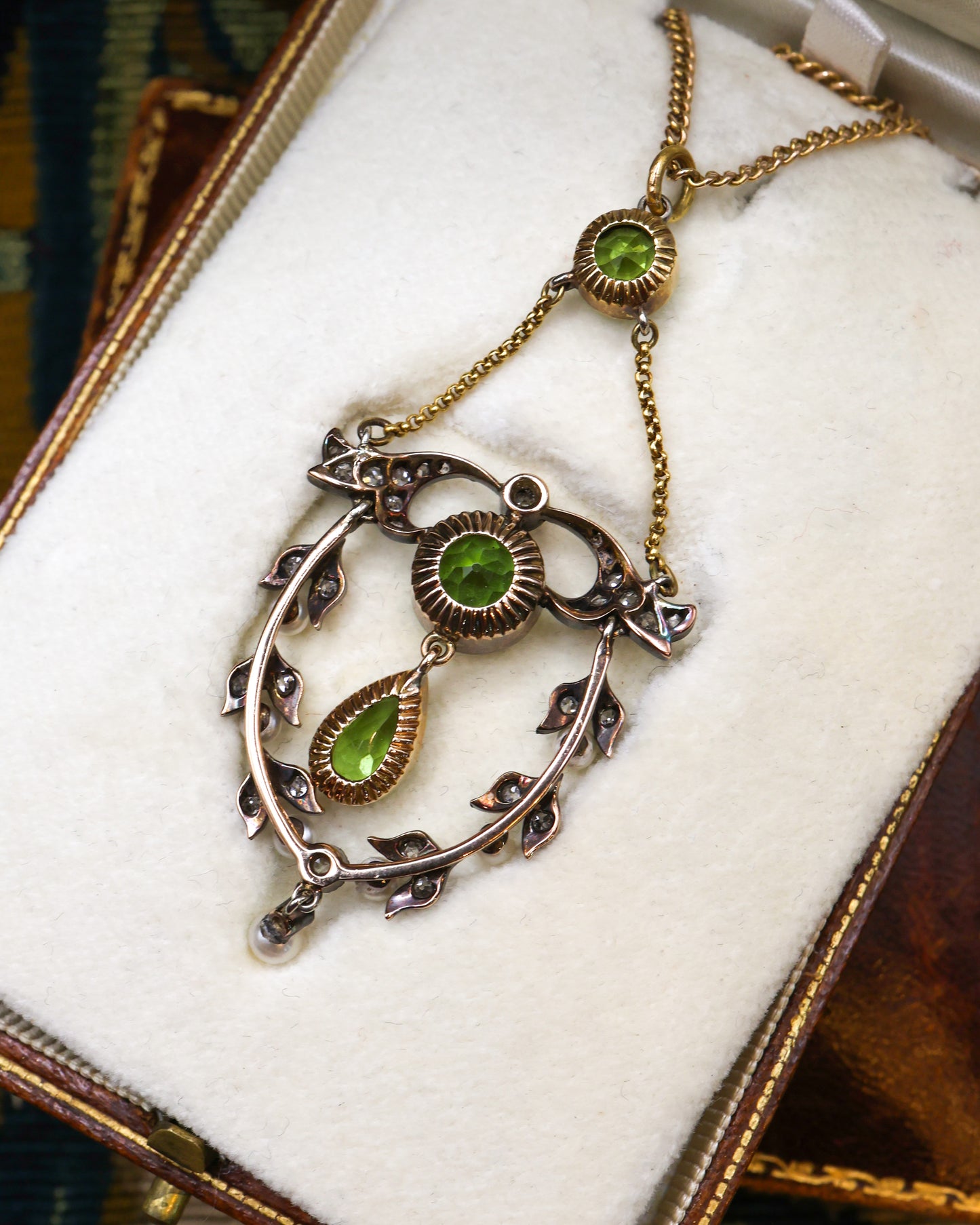 18ct Yellow Gold & Silver (tested), Peridot, Seed Pearl & Diamond Pendant, Circa  1890-1905 - Robin Haydock Antique Jewellery