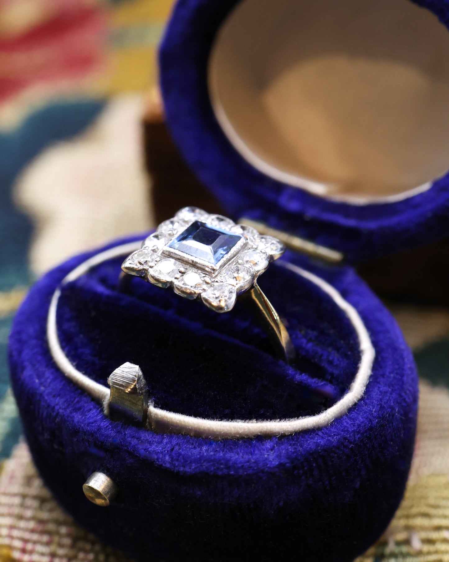18ct Yellow Gold & Platinum Square Sapphire & Diamond Cluster Ring Circa 1920 - Robin Haydock Antique Jewellery