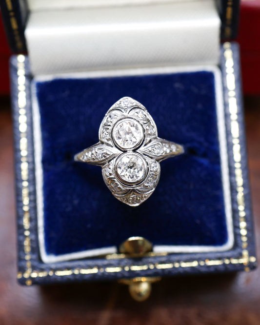 Platinum Art Deco Double Diamond Boat Shaped Ring Circa 1930 - Robin Haydock Antique Jewellery