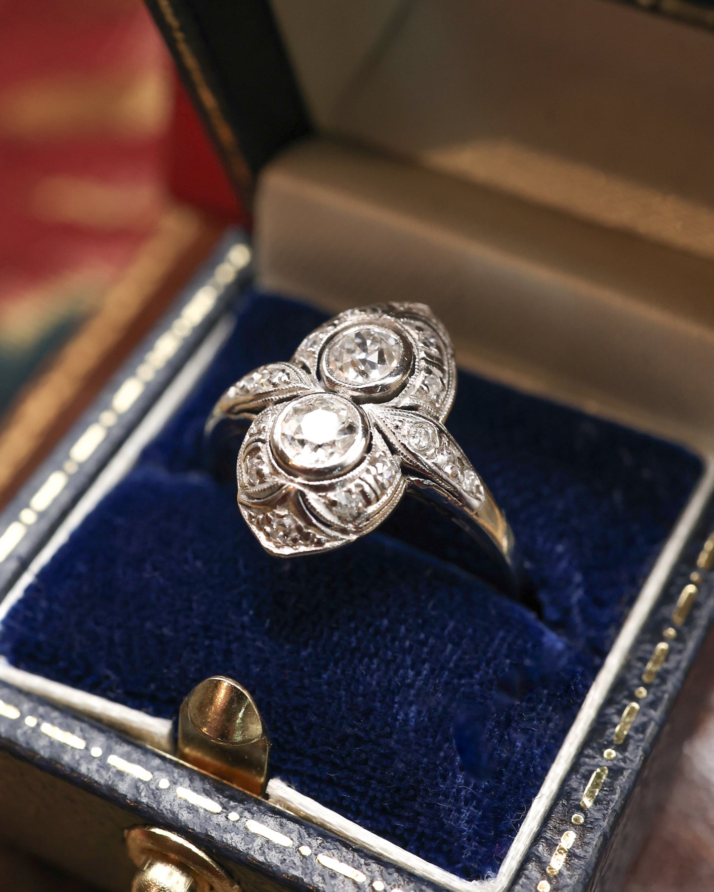 Platinum Art Deco Double Diamond Boat Shaped Ring Circa 1930 - Robin Haydock Antique Jewellery