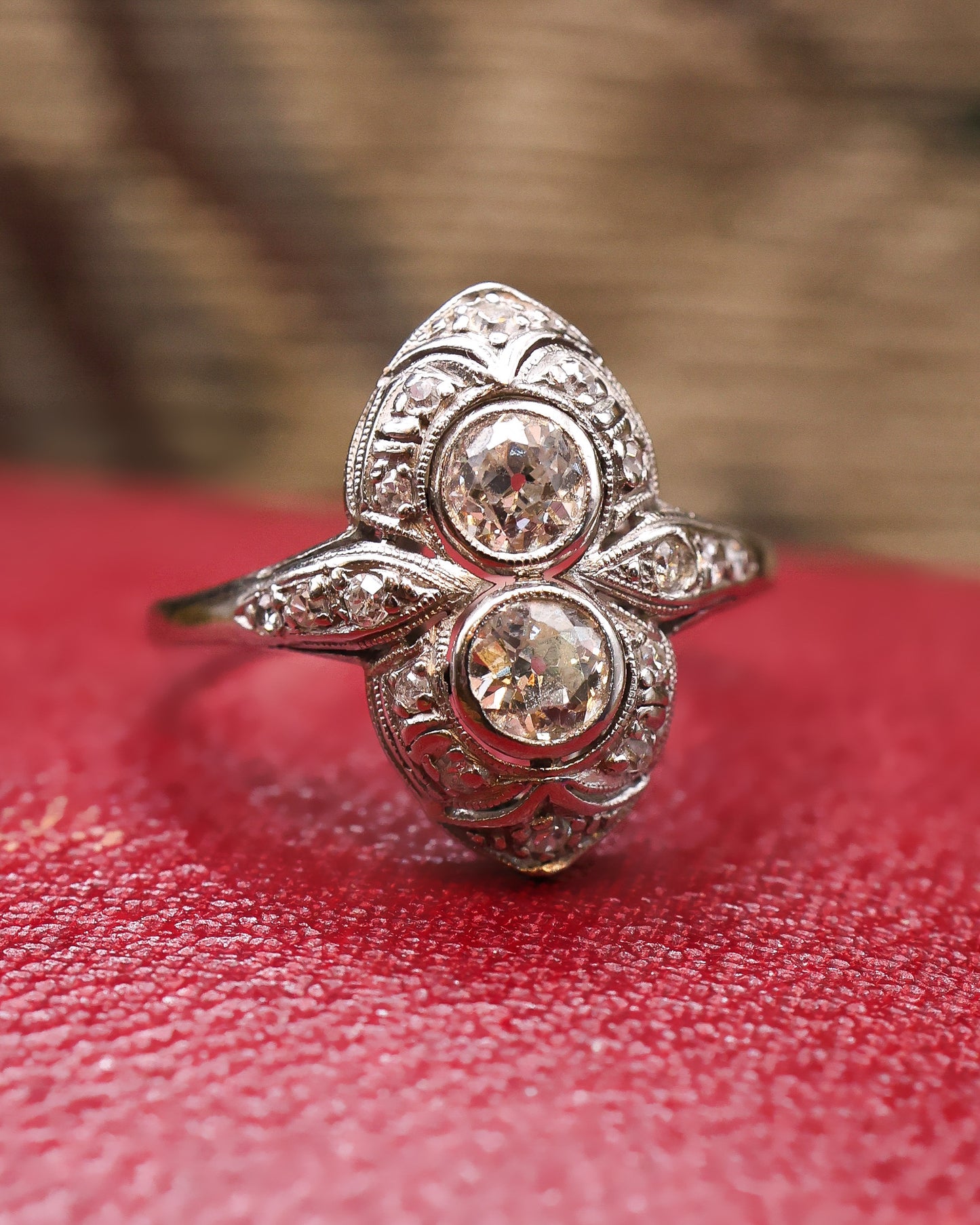 Platinum Art Deco Double Diamond Boat Shaped Ring Circa 1930 - Robin Haydock Antique Jewellery