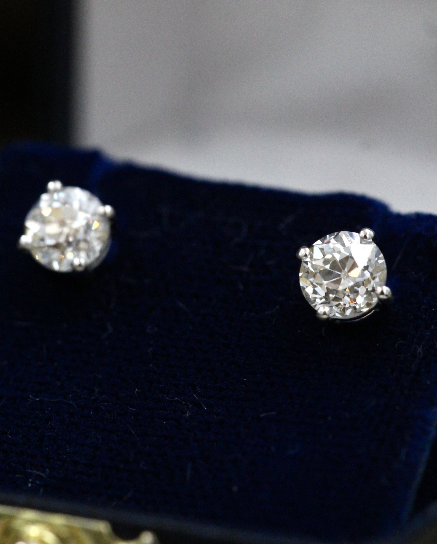 An exceptional pair of 18 Ct. White Gold, 1.73 Carat, Certificated)Old Cut Diamond Stud Earrings, Pre-owned - Robin Haydock Antiques