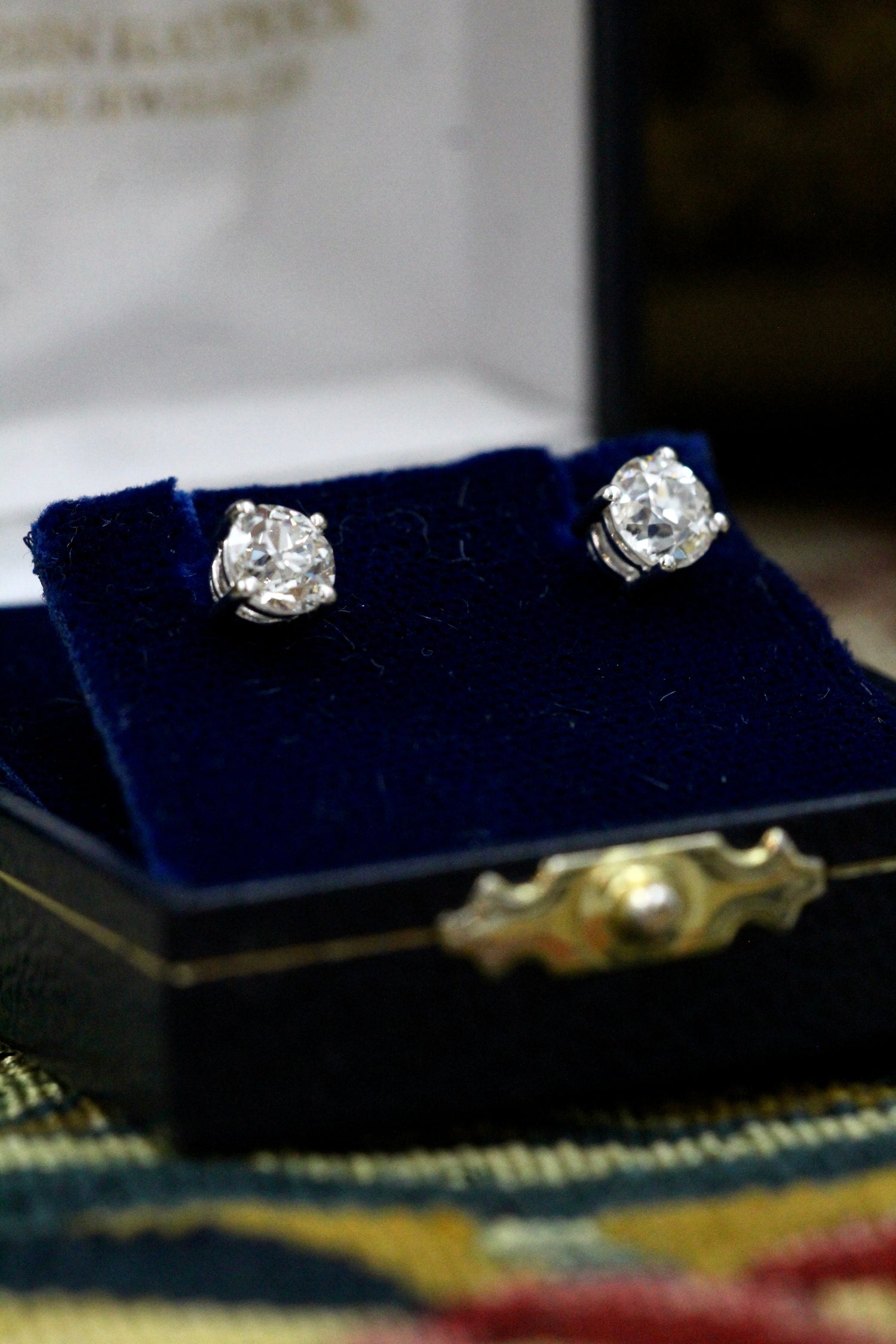 An exceptional pair of 18 Ct. White Gold, 1.73 Carat, Certificated)Old Cut Diamond Stud Earrings, Pre-owned - Robin Haydock Antiques