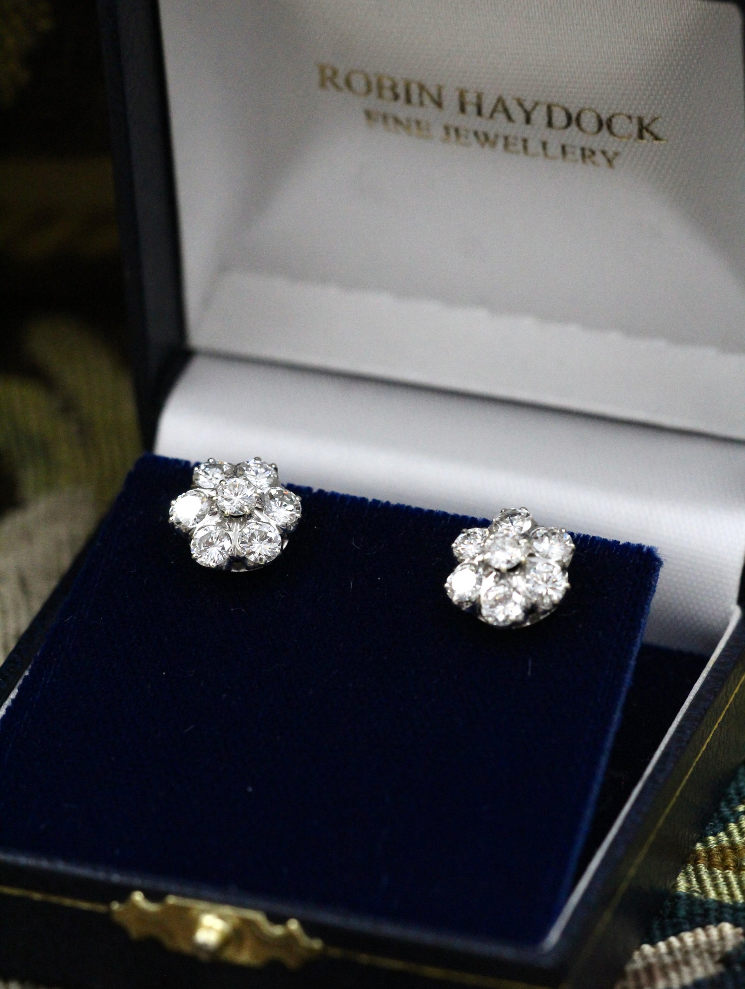 A lively pair of High Clarity, 2.80 Carat Diamond Cluster Earrings, in 14ct White Gold, Circa 1970 - Robin Haydock Antiques