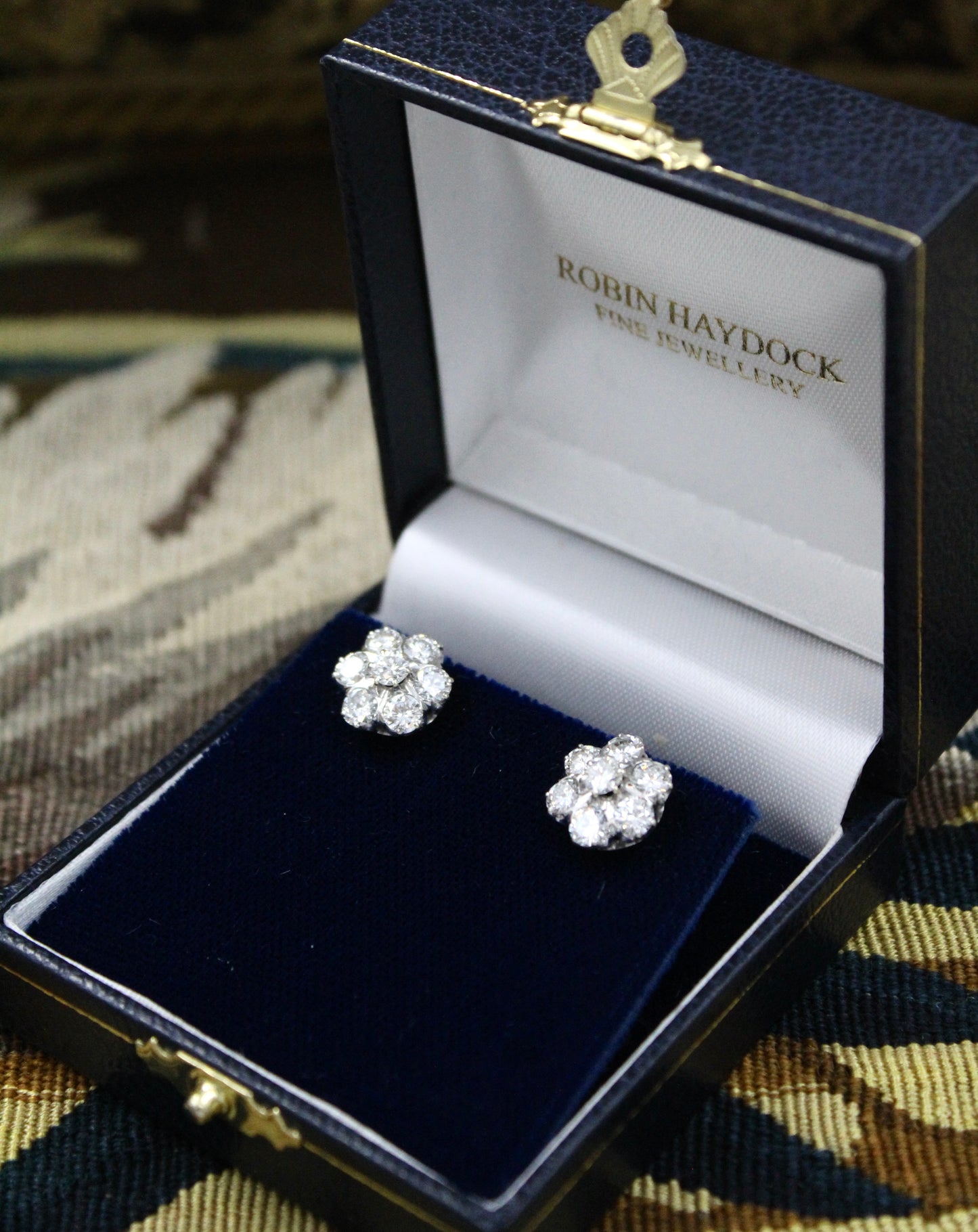 A lively pair of High Clarity, 2.80 Carat Diamond Cluster Earrings, in 14ct White Gold, Circa 1970 - Robin Haydock Antiques