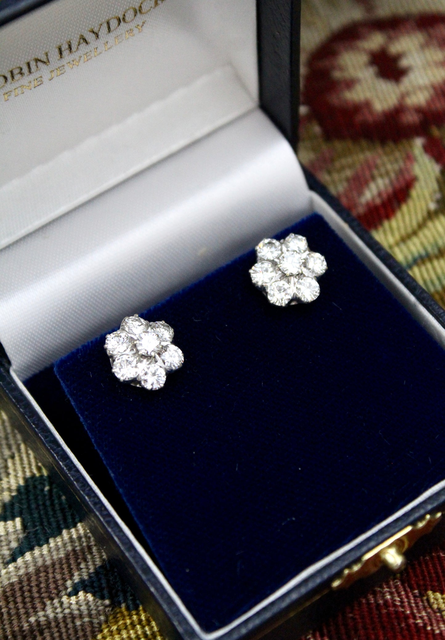 A lively pair of High Clarity, 2.80 Carat Diamond Cluster Earrings, in 14ct White Gold, Circa 1970 - Robin Haydock Antiques