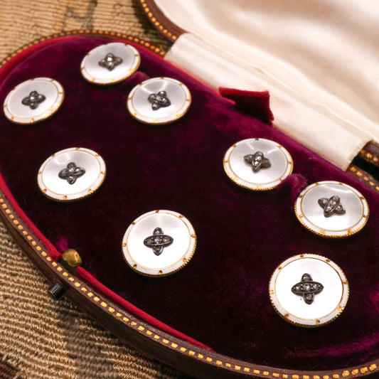 A very fine 15 Carat Yellow Gold (tested), Diamond, Mother of Pearl and Enamel Dress Set in its original box. Circa 1900 - Robin Haydock Antique Jewellery