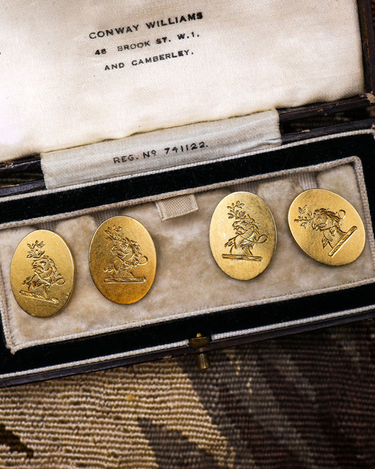 A beautiful pair of 18 Carat Yellow Gold "Heraldic Sypher" Engraved  Cuff links. Circa 1900 - Robin Haydock Antique Jewellery
