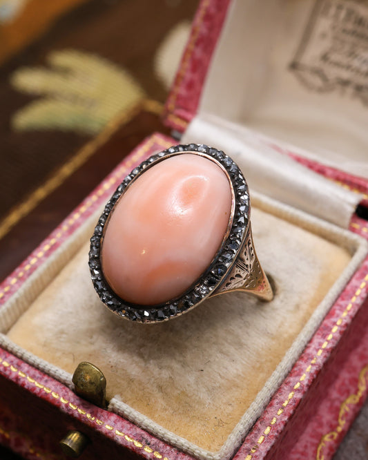 Oval Coral and Eight Cut Diamond Cluster Ring Circa 1790 - Robin Haydock Antique Jewellery