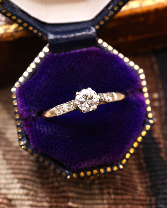A very fine 18 ct, Yellow Gold (marked), Platinum tipped Diamond Solitaire Ring, with Eight Cut Diamond set shoulders (six in total) . Circa 1955 - Robin Haydock Antique Jewellery