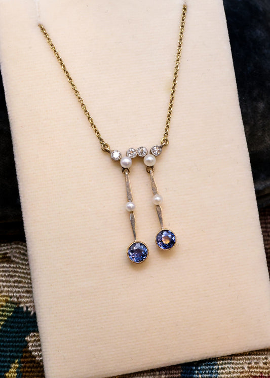 Montana Sapphire, Pearl and Diamond Double Drop Pendant Circa 1915 - Robin Haydock Antiques