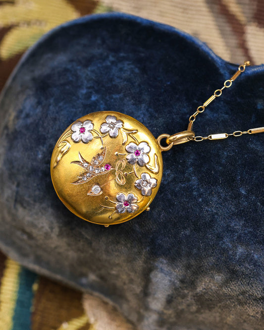 Ruby and Diamond Swallow, Heart and Flower Locket - H/C Circa 1880 - Robin Haydock Antiques