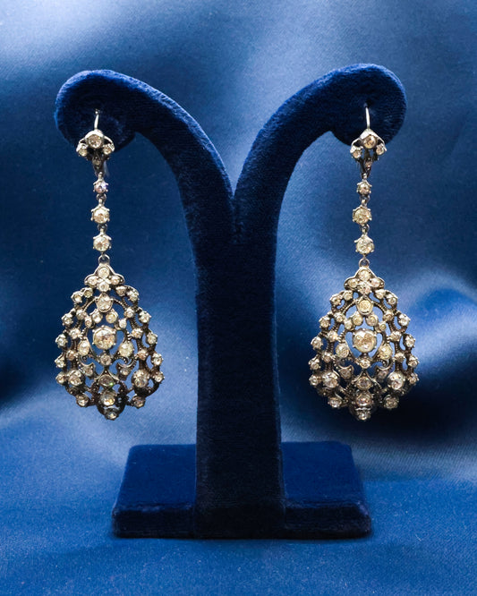 A fine pair of Silver (tested), and Paste, Filigree Drop Earrings, Continental Circa 1890