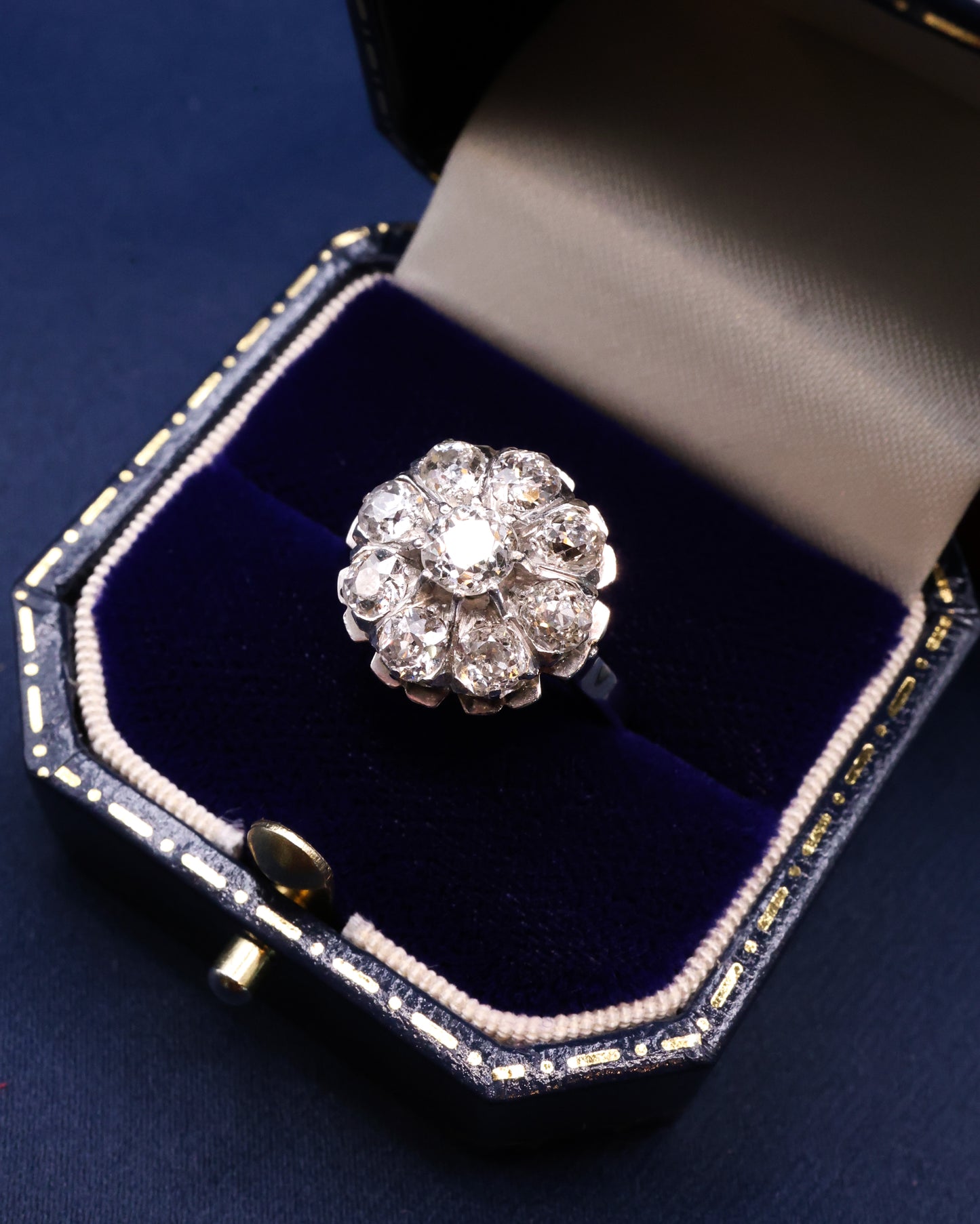 A very fine 18ct White Gold 1930's Platinum-tipped French Diamond Cluster ring
