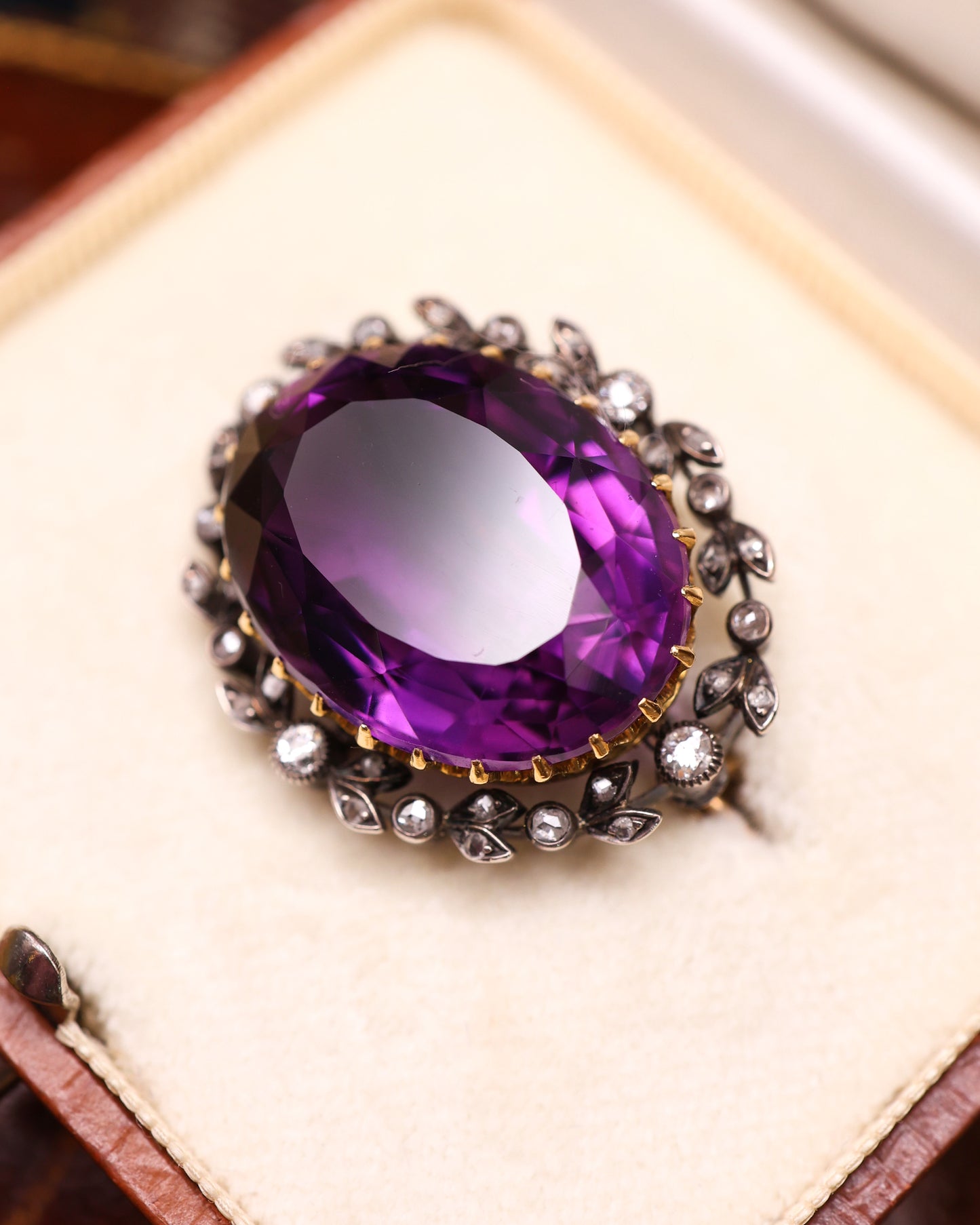 A very fine Amethyst & Diamond Oval Brooch in High Carat Yellow Gold & Platinum. English Circa 1890-1905