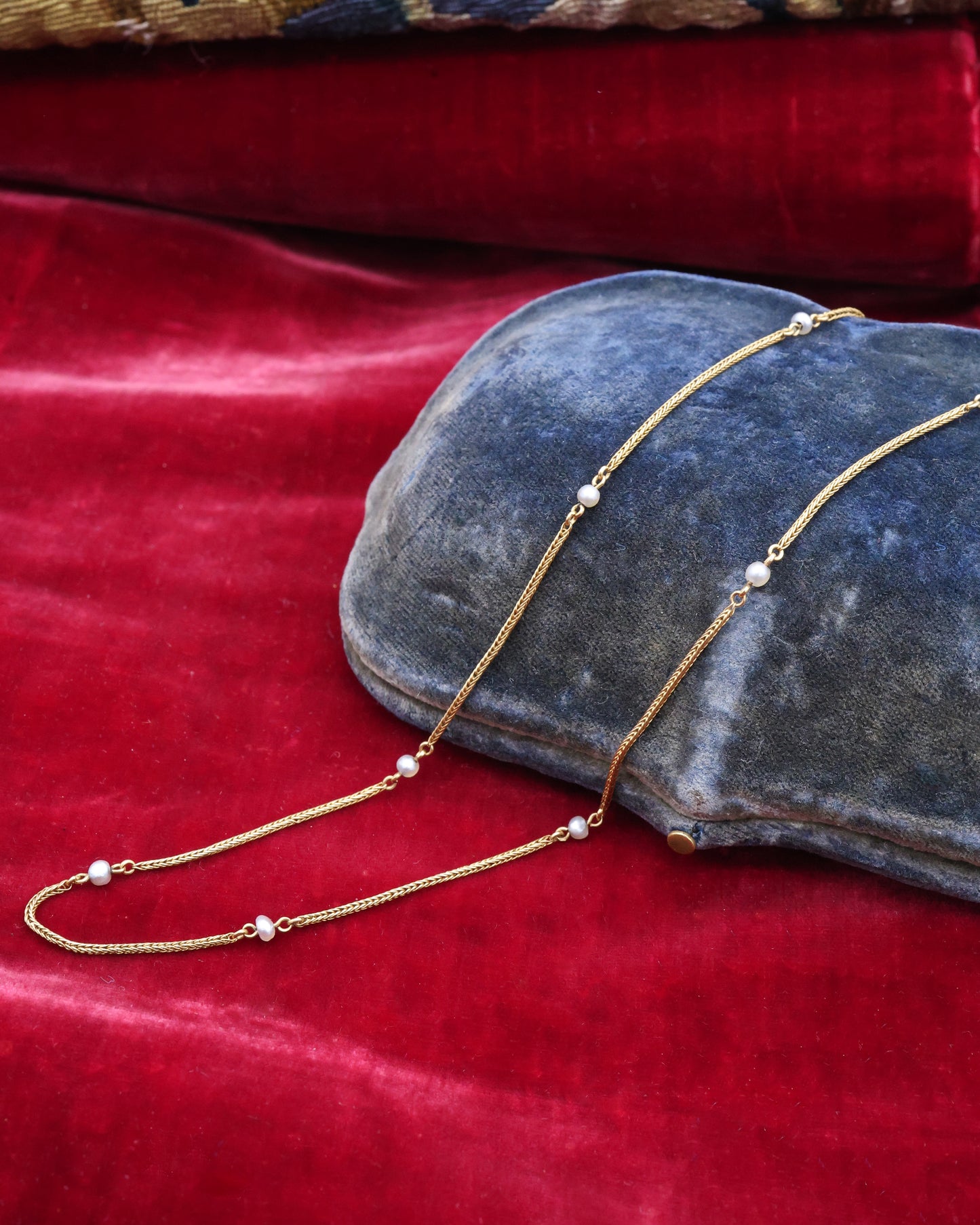 A fine Victorian 18ct. Yellow Gold (tested), Pearl Chain with Engraved Box Clasp. Circa 1870