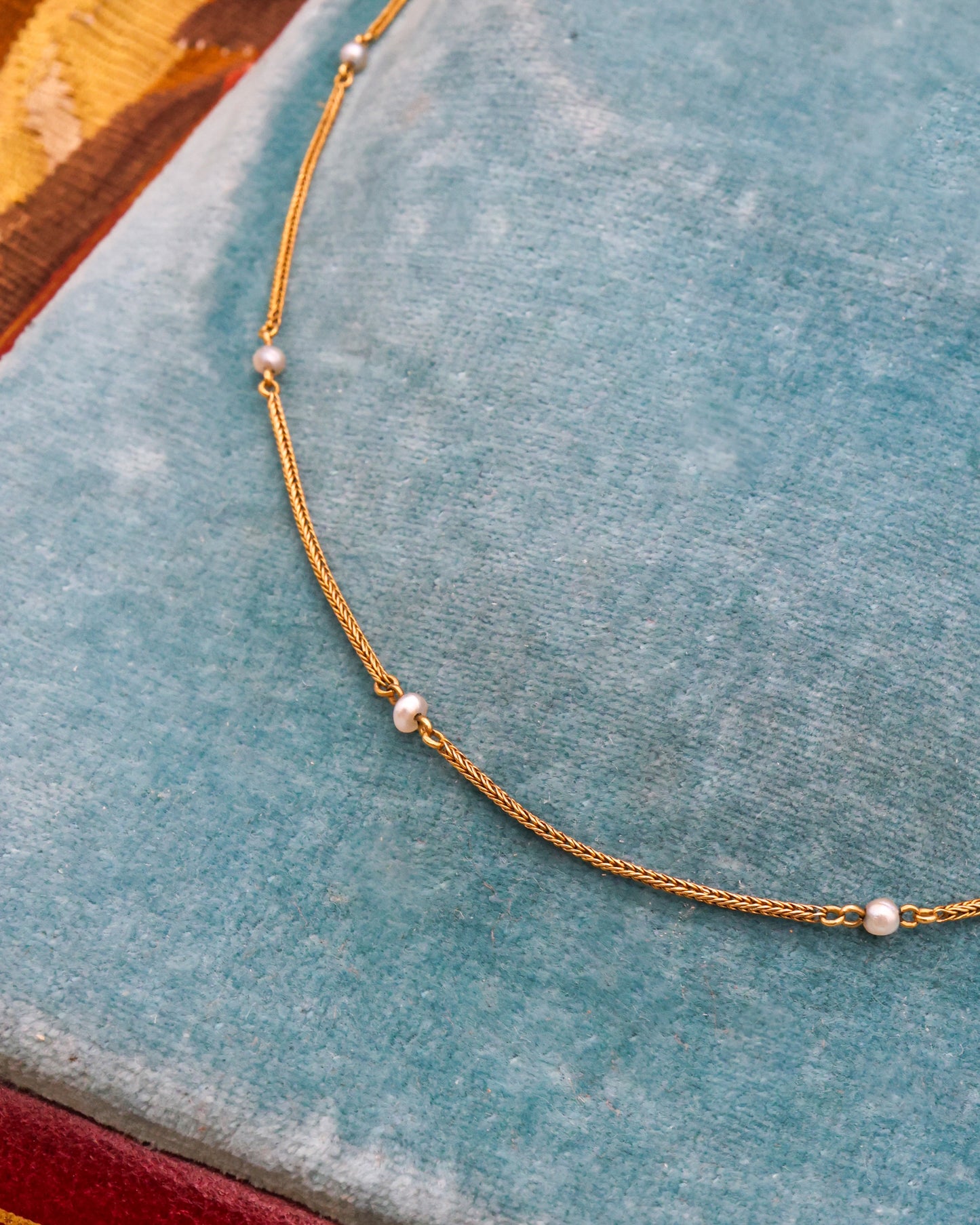A fine Victorian 18ct. Yellow Gold (tested), Pearl Chain with Engraved Box Clasp. Circa 1870