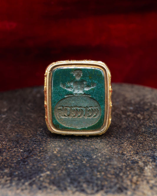 A very fine 15 ct. (tested),Yellow Gold Seal with detailed floral design and a Blood Stone intaglio with oval engraved lozenge & torso. Circa 1830