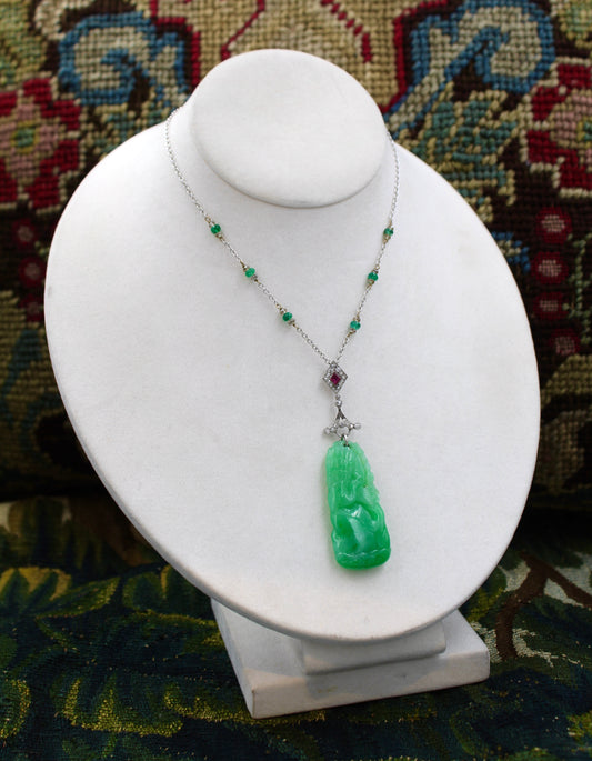 Platinum Jade, Ruby and Diamond Pendant Circa 1920-1930 - Robin Haydock Antiques