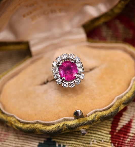 An extraordinary 2.30 Carat Natural Untreated Burmese Ruby & Diamond Cluster Ring in 18 ct. (stamped) White Gold. English, Circa 1970 - Robin Haydock Antiques