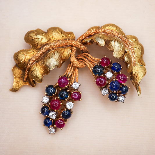 A very fine Ruby, Sapphire & Diamond Vine Brooch set in 18 carat White & Yellow Gold, Circa 1950 - Robin Haydock Antique Jewellery