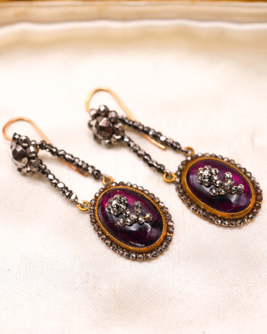 A Fine pair of Georgian, Cut Steel and Cabochon Garnet drop earrings, with 15ct Yellow Gold (tested), fittings circa 1800.