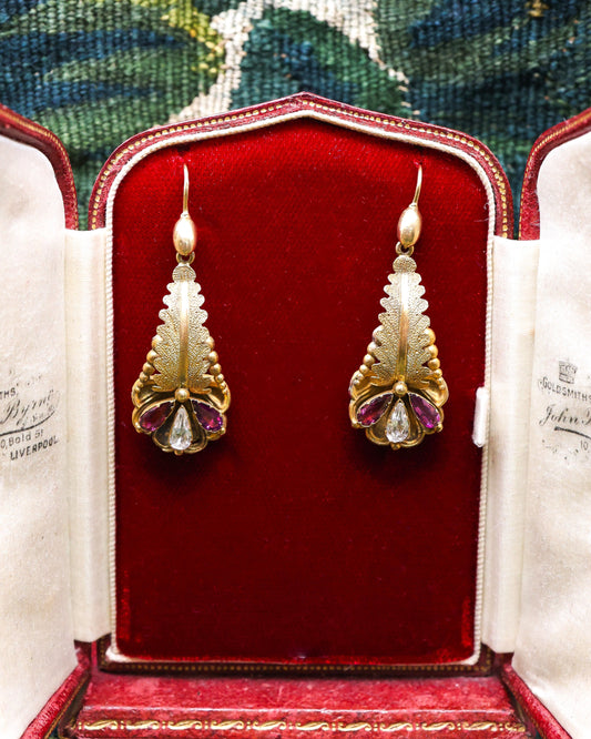 A fine pair of 15 ct. Yellow Gold Almandine Garnet & Crystal Foliate style, Pendant Earrings. English. Circa 1860