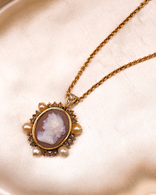 A very fine Hard stone (Carnelian), Cameo Pendant surrounded by five Natural Pearls and Diamonds in 15 carat (tested), Yellow Gold. Circa 1870 - Robin Haydock Antique Jewellery