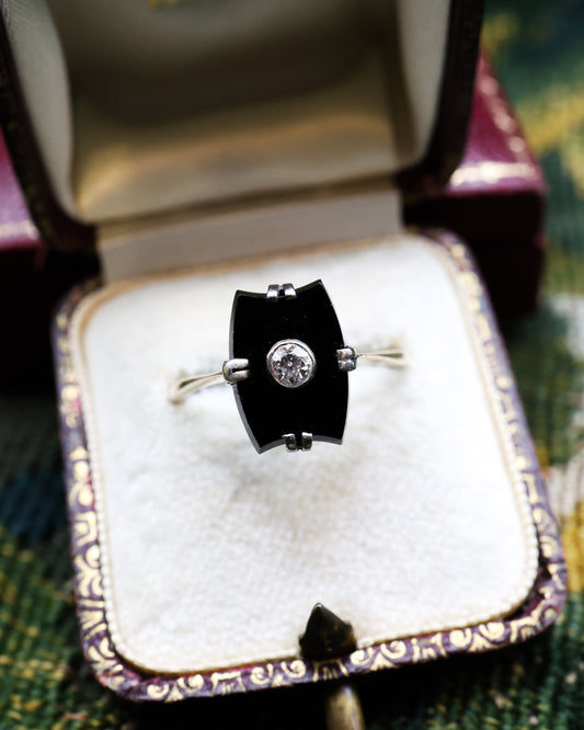 A fine Art Deco 18ct Yellow Gold (tested), Black Onyx & Diamond Plaque Ring. Circa 1925 - Robin Haydock Antiques