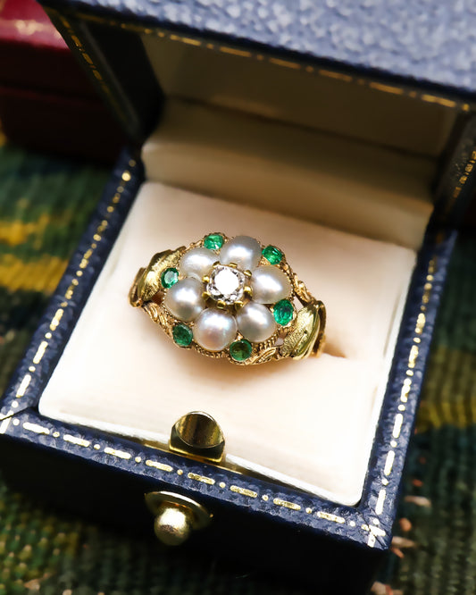 High Carat Yellow Gold Natural Pearl, Emerald & Diamond Cluster Ring Circa 1850 - Robin Haydock Antiques