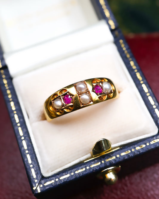 An Antique 15ct Yellow Gold Victorian Ruby and Pearl Ring. Chester Hallmarks, Circa 1886 - Robin Haydock Antiques