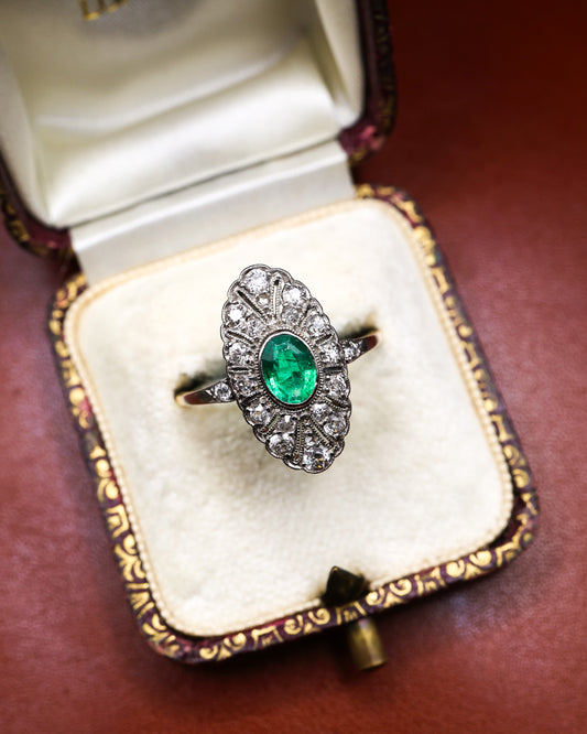 A very fine Oval Emerald & Diamond Plaque Ring mounted in 14ct Yellow Gold & Platinum, Continental, Circa 1920 - Robin Haydock Antiques