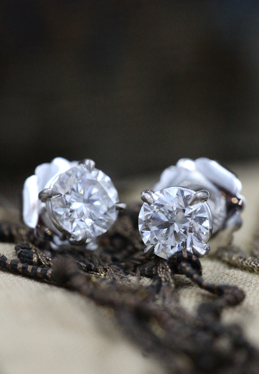 A fine pair of 18 Carat White Gold (Stamped) Diamond Earrings, two Round Brilliant Cut Diamonds of 3.03 Carats, G Colour & SI2 Clarity Pre-owned - Robin Haydock Antiques