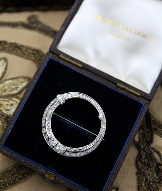 A very fine 18ct White Gold Circular Diamond Brooch set with 1.10 Carats of F - G Colour Diamonds, Swedish Import Marks. Circa 1950 - Robin Haydock Antiques