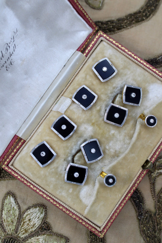 A fine set of 18ct Yellow Gold & Platinum Dress Studs set with Black Onyx and Diamonds. English  Circa 1920 - Robin Haydock Antiques