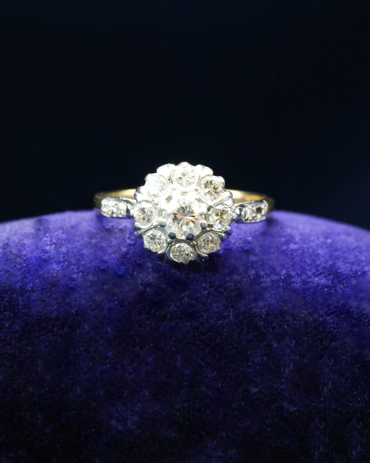 18ct Yellow Gold & Platinum 0.75ct Diamond Cluster Ring Circa 1940-1950