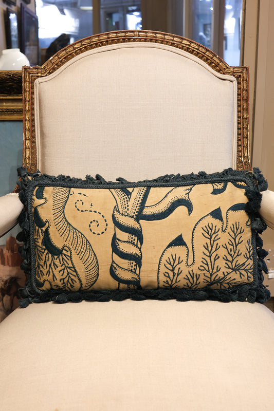 A Very Fine Pair of Crewel Work Panels Circa 1660, With Later Hand Dyed Indigo Henry Newbery Tassel Trim (presented as a pair of cushions) - Robin Haydock Antiques
