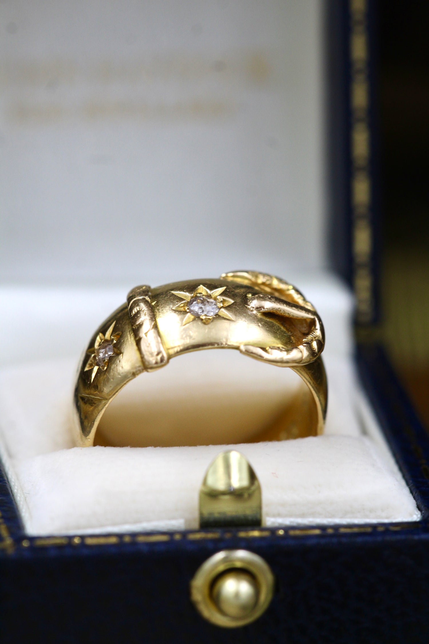 A fine Buckle ring finely chased with two "Old Cut" Diamonds set in 18ct Yellow Gold  (Hallmarked), Chester Circa 1901 - Robin Haydock Antiques