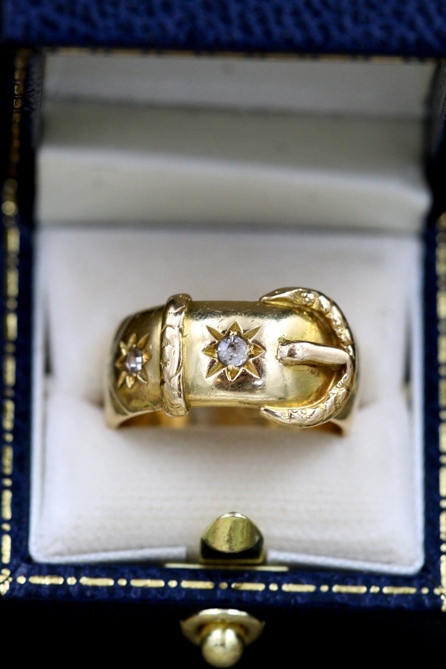 A fine Buckle ring finely chased with two "Old Cut" Diamonds set in 18ct Yellow Gold  (Hallmarked), Chester Circa 1901 - Robin Haydock Antiques