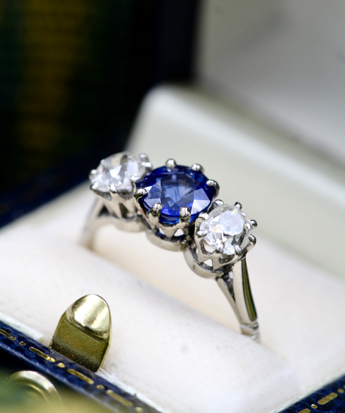 A very beautiful 1.45 Carat Natural Ceylon Sapphire and (two) Old Mine Cut Diamond & Platinum Engagement Ring. Circa 1930 - Robin Haydock Antiques