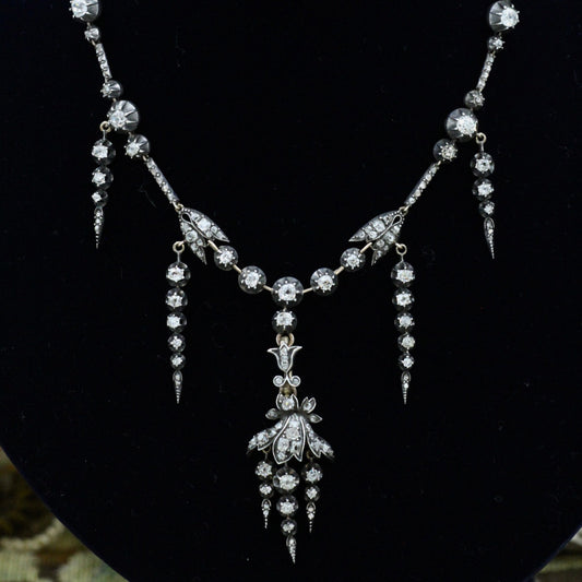 A very Beautiful Victorian Antique Diamond Necklace in the Foliate Groseilliere style, in 18ct Yellow gold and Silver in the form of an intermittent Riviere, French, Circa 1870 - Robin Haydock Antiques