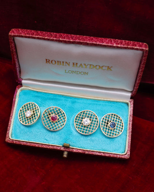 A fine pair of 18 ct. Yellow Gold (tested), Ruby, Sapphire & Diamond Cuff Links. Circa 1960