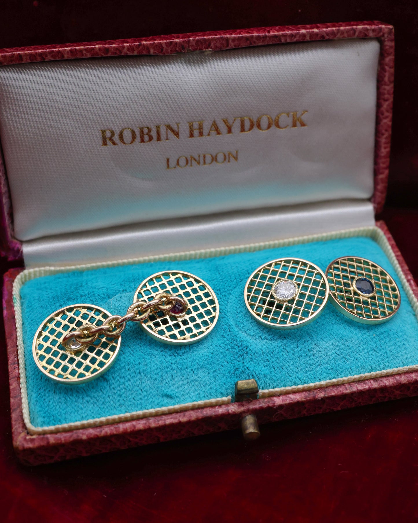 A fine pair of 18 ct. Yellow Gold (tested), Ruby, Sapphire & Diamond Cuff Links. Circa 1960