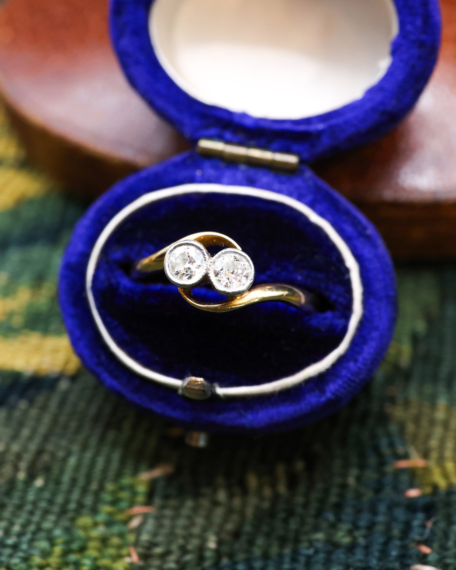 18ct Yellow Gold & Platinum Diamond Two Stone Twist Ring Circa 1930 - Robin Haydock Antique Jewellery