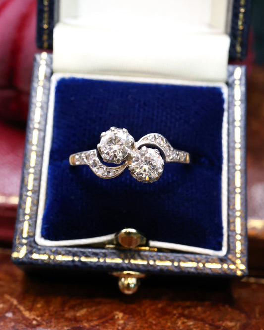 A very fine two stone Diamond Crossover Twist Ring in 18ct Yellow Gold & Platinum. Circa 1930 - Robin Haydock Antique Jewellery