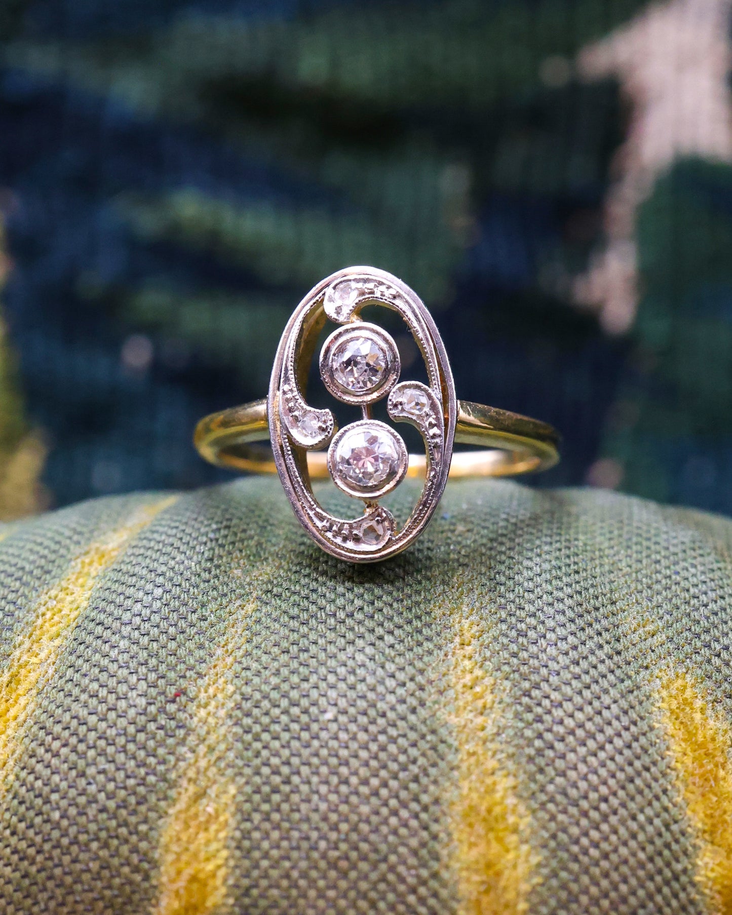 A very unusual 18ct Yellow Gold & Platinum (tested) Double Diamond Oval Art Nouveau Ring Circa 1905 - Robin Haydock Antique Jewellery