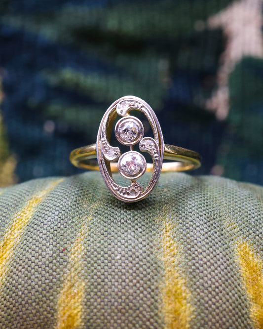 A very unusual 18ct Yellow Gold & Platinum (tested) Double Diamond Oval Art Nouveau Ring Circa 1905 - Robin Haydock Antique Jewellery