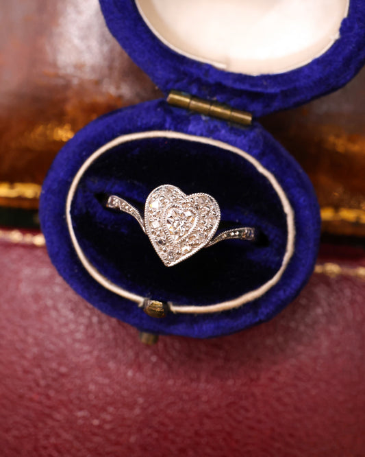 Diamond Heart Shaped 18 Carat Gold & Platinum Ring - Robin Haydock Antique Jewellery